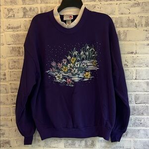 90s Morning Sun Womens L Crewneck Sweatshirt Pullover Floral Granny Cottage Core